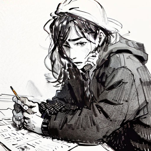 a drawing of a person sitting at a desk with a pen and paper in their hand and writing on a piece of paper