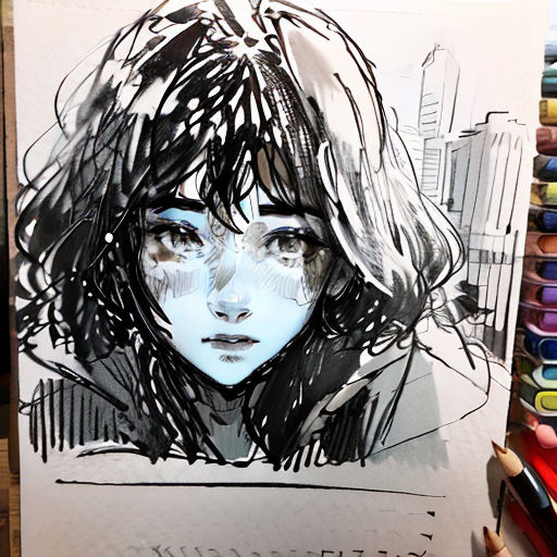 a drawing of a woman with long hair and blue eyes in a city setting with colored pencils on a table