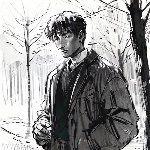 a man in a coat and tie standing in the snow next to a tree and a bench with a bench