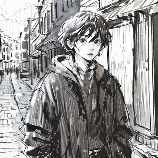 a drawing of a man walking down a street next to a building with a clock on it's side