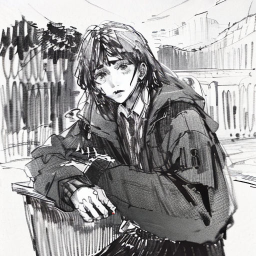 a drawing of a woman sitting on a bench in a city street with a building in the background and a red marker in the foreground