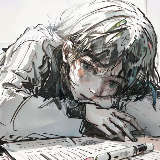 a drawing of a woman laying on a desk with a pen and paper in her hand and a magazine nearby