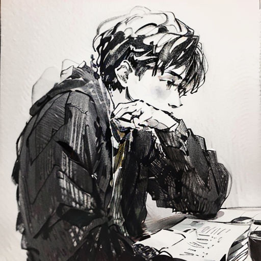 a drawing of a man sitting at a desk with a laptop computer in his hand and a pen in his other hand
