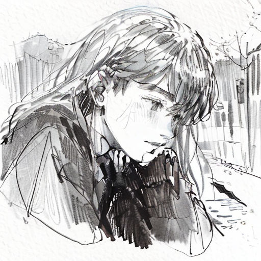 a drawing of a woman with long hair and a black shirt on a city street with buildings in the background