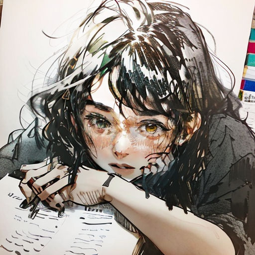 a drawing of a woman with long hair and a black shirt on, holding a pen and paper with a drawing of a woman's face