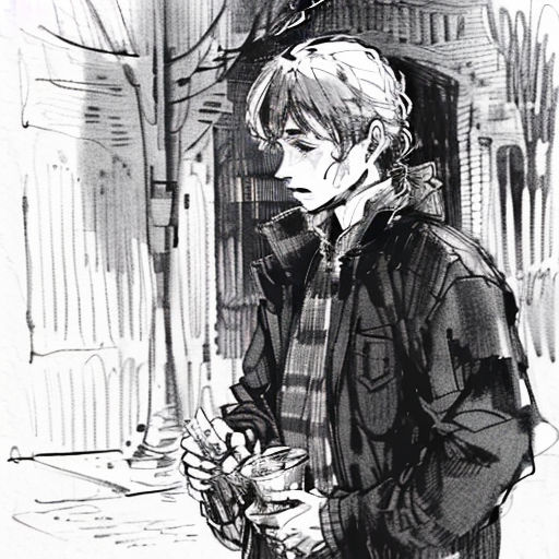 a drawing of a boy standing on a sidewalk holding a cup of coffee and a cell phone in his hand