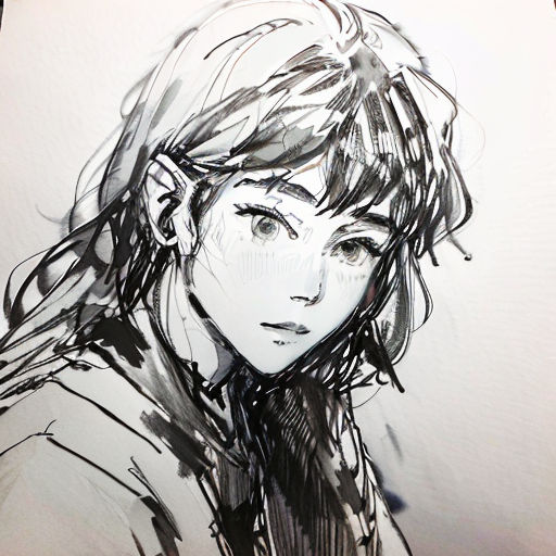 a drawing of a woman with long hair and a jacket on, with a black and white background, with a black and white sketch of a woman's face
