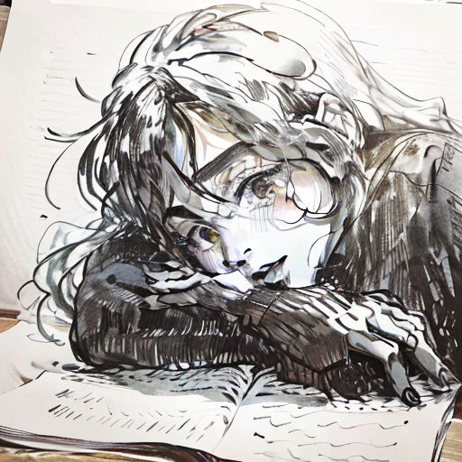 a drawing of a woman laying on a book with her head on her hands and her eyes closed, with a book in front of her