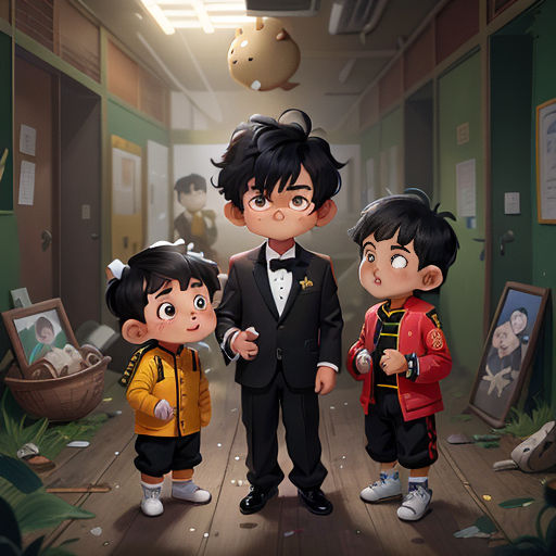 a group of children standing in a hallway next to a man in a suit and tie and another boy in a red shirt