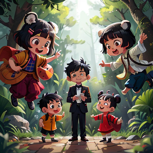 a group of children standing in the middle of a forest with a man in the middle of the picture