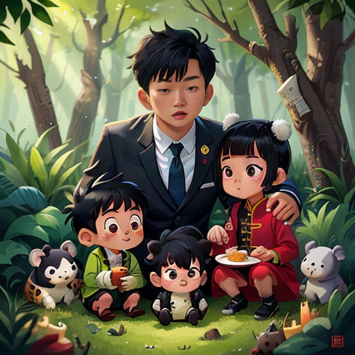 a man and two children are sitting in the woods with a plate of food in front of them and a panda and other animals