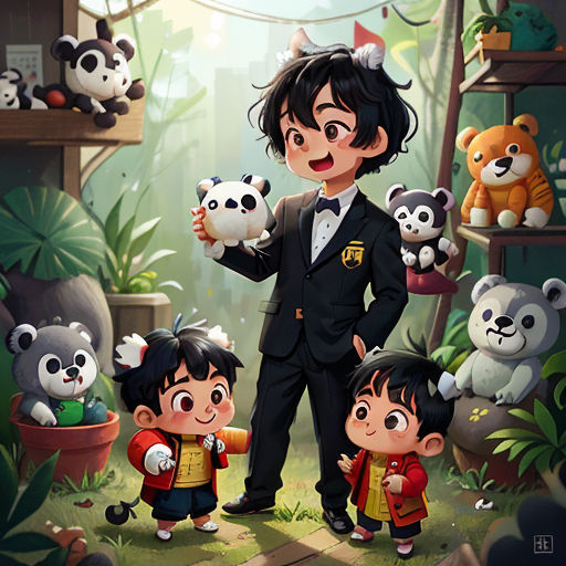 a man and two children standing in front of a panda family with stuffed animals on the shelves behind them