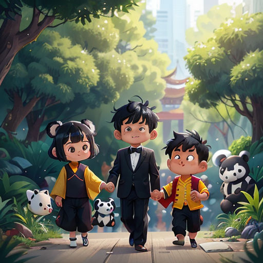 a couple of kids walking down a street next to panda bears and panda bears in the background of a forest