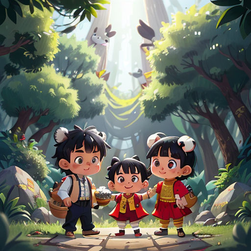two children are standing in the woods with a bird flying overhead them and a forest background is in the background