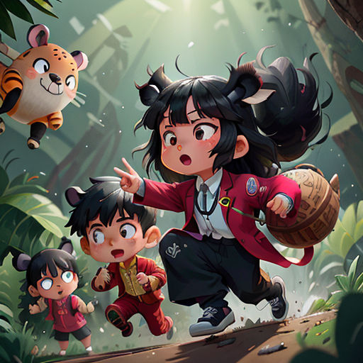 a group of children in a jungle with a tiger and other animals in the background, and a woman holding a basket