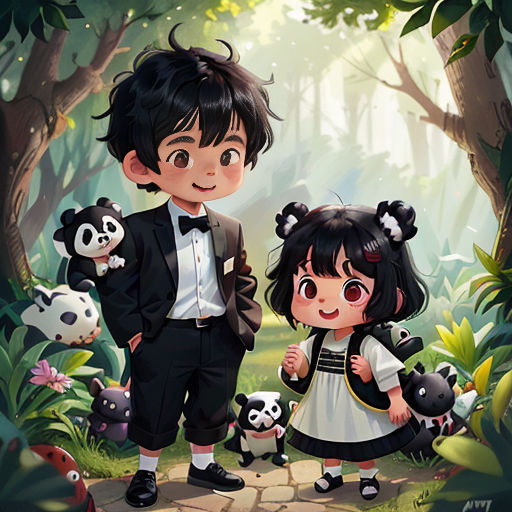 a couple of kids standing next to each other in a forest with pandas and panda bears on the ground