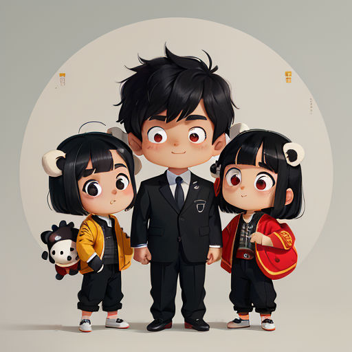 a couple of people standing next to each other in front of a white circle with a panda on it