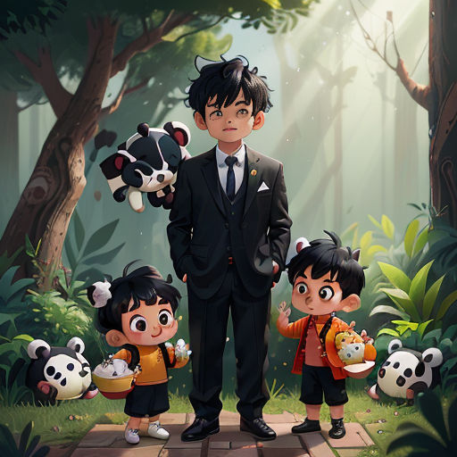a man standing next to a group of children in a forest with pandas on their backs and a panda bear on his shoulder