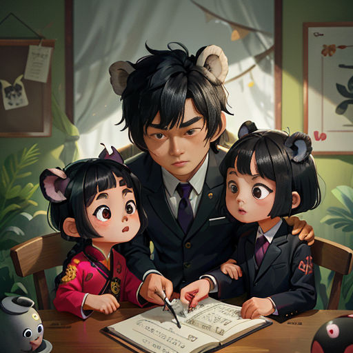 a man and two children sitting at a table with a book and pen in front of them, and a cat on the table