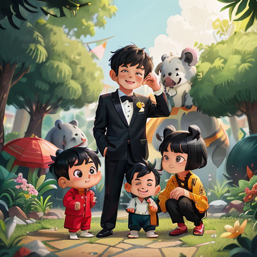 a man and two children standing in front of a panda bear and panda bear in a forest with other animals