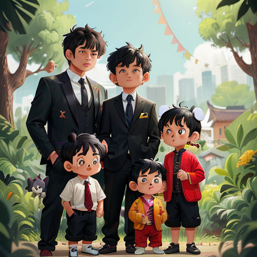 a family of three standing next to each other in front of a forest with buildings in the background and trees