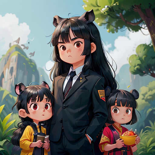 a woman and two children standing in front of a forest with a cat on her head and a cat on her shoulder