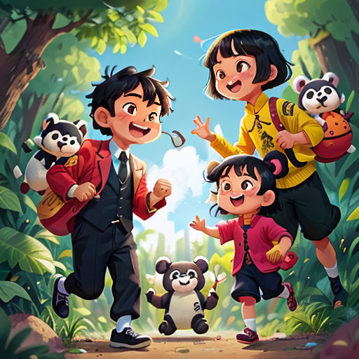 a group of children standing in front of a forest with pandas and panda bears on it's back