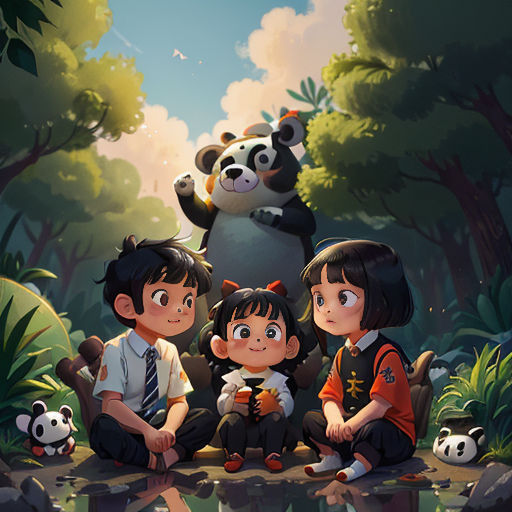 a group of children sitting on a rock in front of a panda bear and other animals in the background