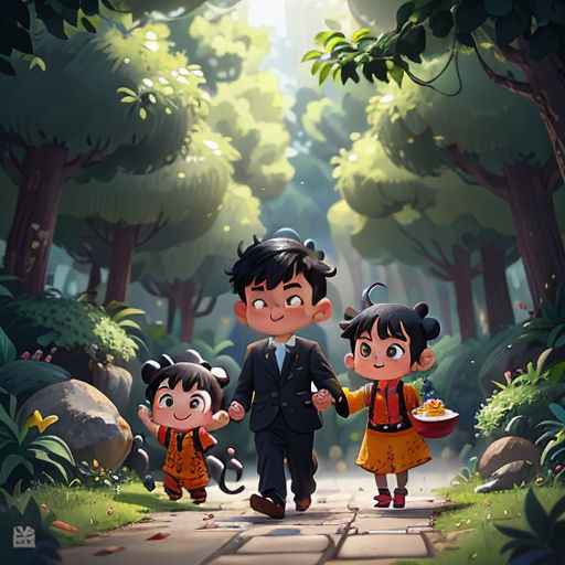 a couple of kids walking down a path in the woods with a man and a woman holding hands and a cat