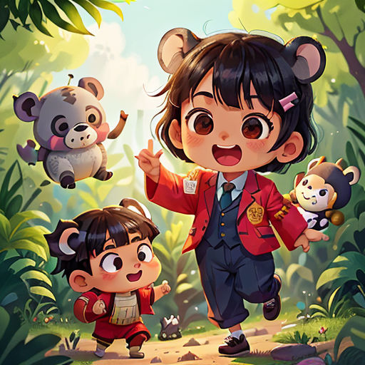 a girl and a boy are walking through the jungle with a bear and panda on their shoulders and a panda on their shoulder