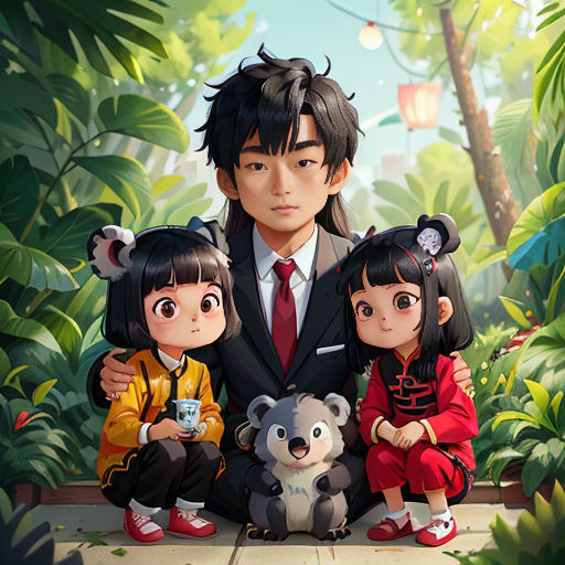 a man and two children sitting on a bench in a forest with a koala bear and a koala bear