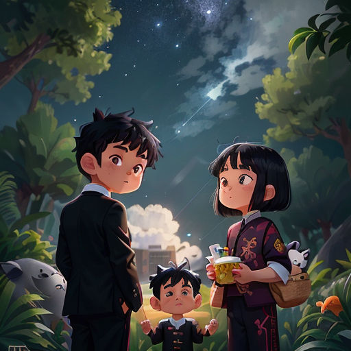 a couple of people standing next to a child in a forest at night with a sky full of stars