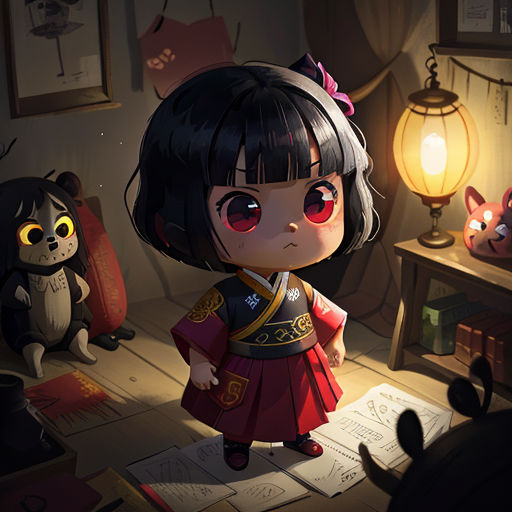 a little girl standing in a room next to a cat and a lamp and a cat on a desk