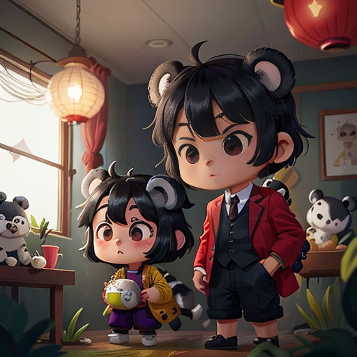 a couple of people standing in a room with pandas on the wall and a lamp above them and a panda bear on the floor