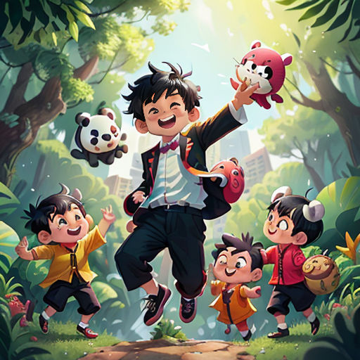 a boy is jumping in the air with his stuffed animals in front of him and other children around him