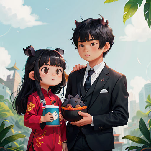 a couple of people standing next to each other holding a bowl of food in front of a cityscape