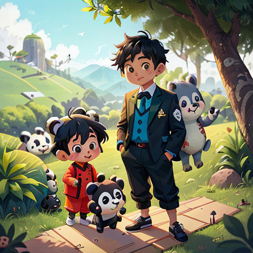 a boy and a girl standing in front of a forest with pandas and other animals on a path