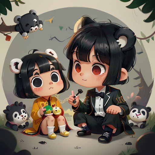 a couple of people sitting next to each other on a field of panda bears and panda bears in the background