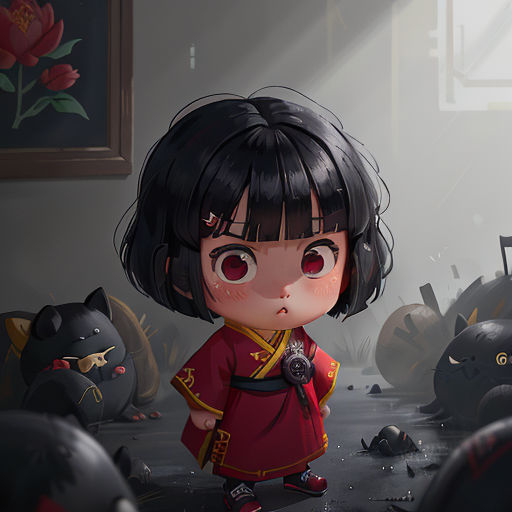 a little girl standing in front of a bunch of black cats in a room with a painting on the wall
