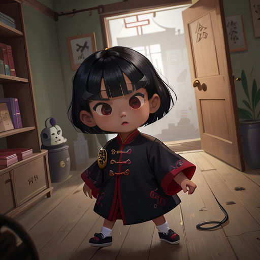 a cartoon girl in a room with a book shelf and a door in the background, with a cat on the floor