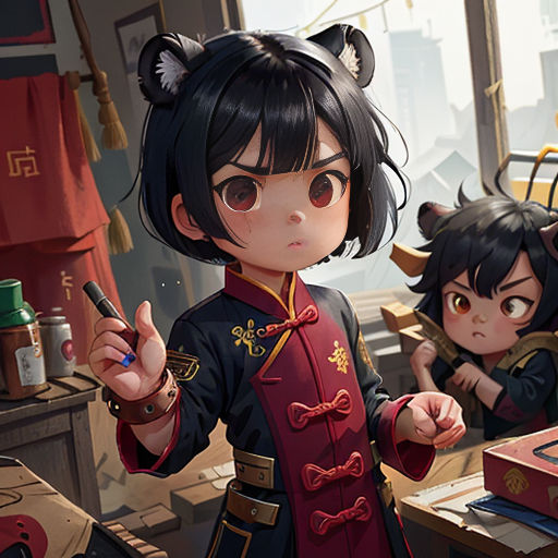 a couple of anime characters standing next to each other in a room with a desk and a cat on it