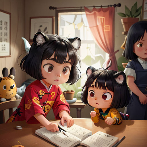 a group of children sitting at a table with a book and pen in front of them, and a cat on the table