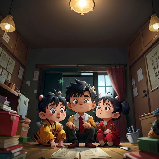 a group of children sitting on the floor in a room with books and a lamp above them, and a book on the floor