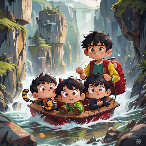 a group of children riding on top of a boat in a river next to a forest and a waterfall