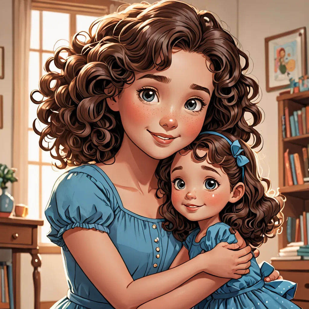 a woman holding a child in her arms in a room with a bookcase and a window in the background, photorealism, a storybook illustration, Artgerm, behance hd