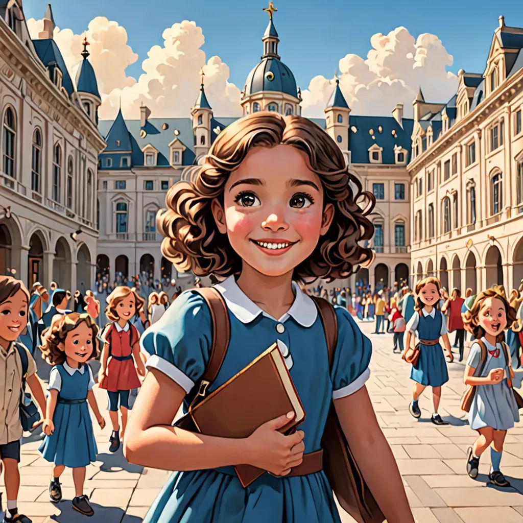 a painting of a girl in a blue dress holding a book and smiling at the camera with a crowd of children in the background, paris school, a storybook illustration, Alejandro Burdisio, official art