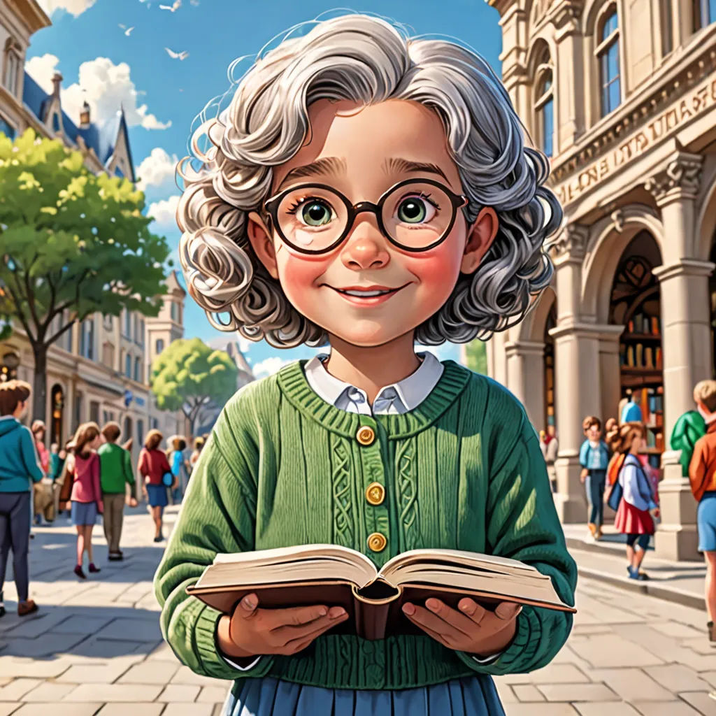 a cartoon of a girl with glasses reading a book in a city street with people walking around her and a building in the background, paris school, a storybook illustration, Bob Byerley, storybook illustration