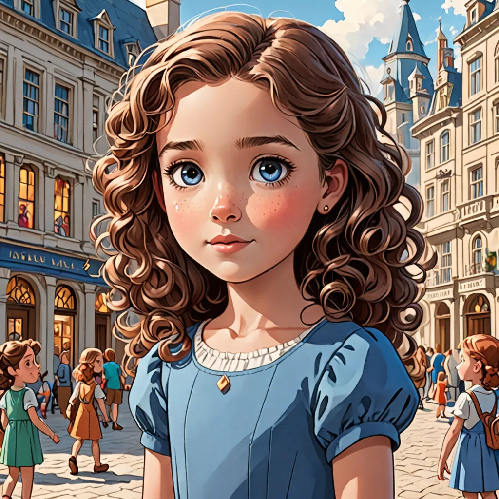 a cartoon girl in a blue dress standing in front of a building with a clock tower on it's side, photorealism, a storybook illustration, Alice Prin, rossdraws global illumination