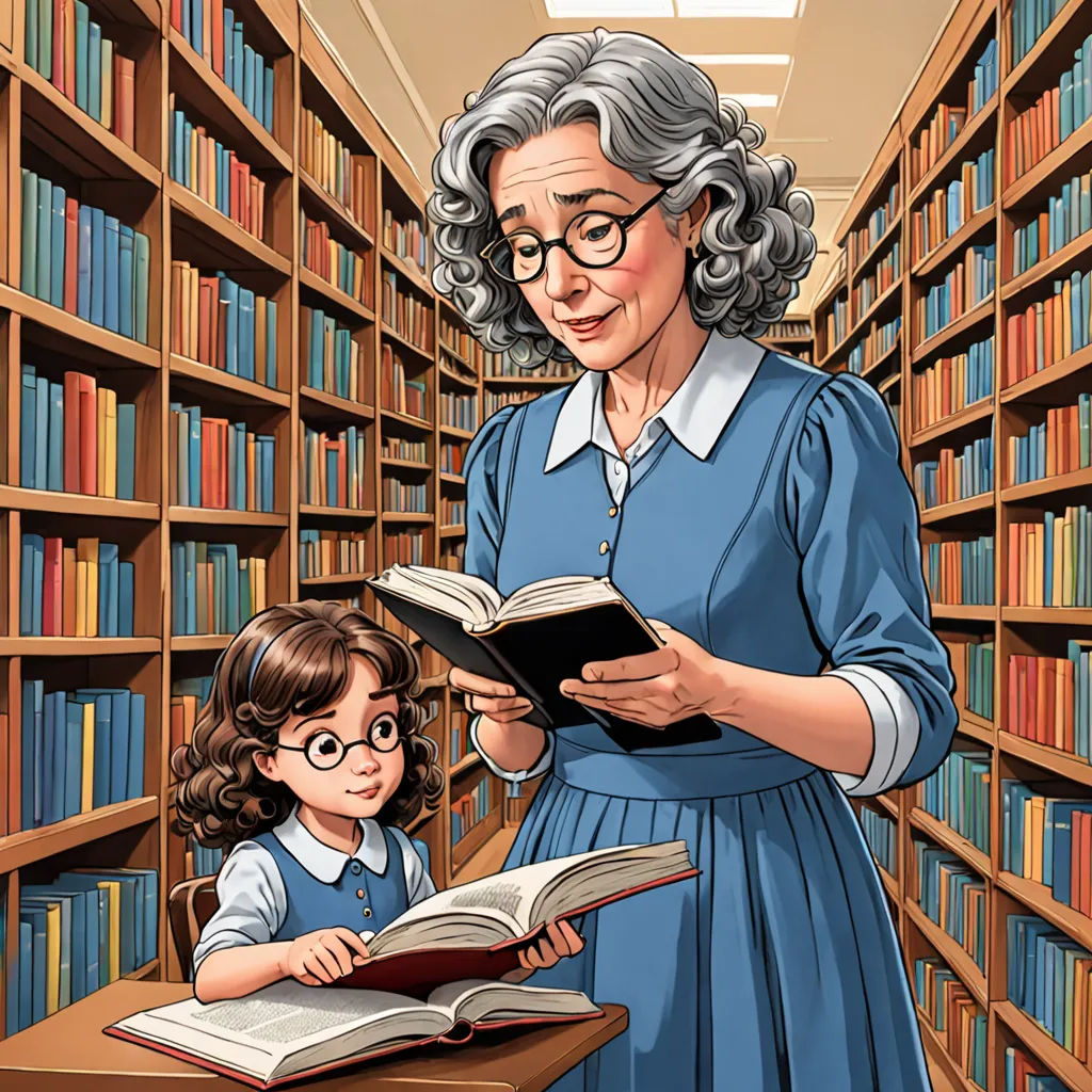 a woman reading a book to a little girl in a library with bookshelves full of books behind her, academic art, a storybook illustration, Elinor Proby Adams, storybook illustration