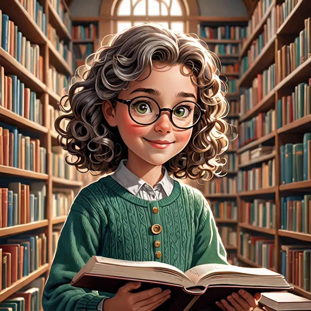 a cartoon girl with glasses reading a book in a library full of bookshelves and bookshelves, fantasy art, a storybook illustration, Charlie Bowater, storybook illustration